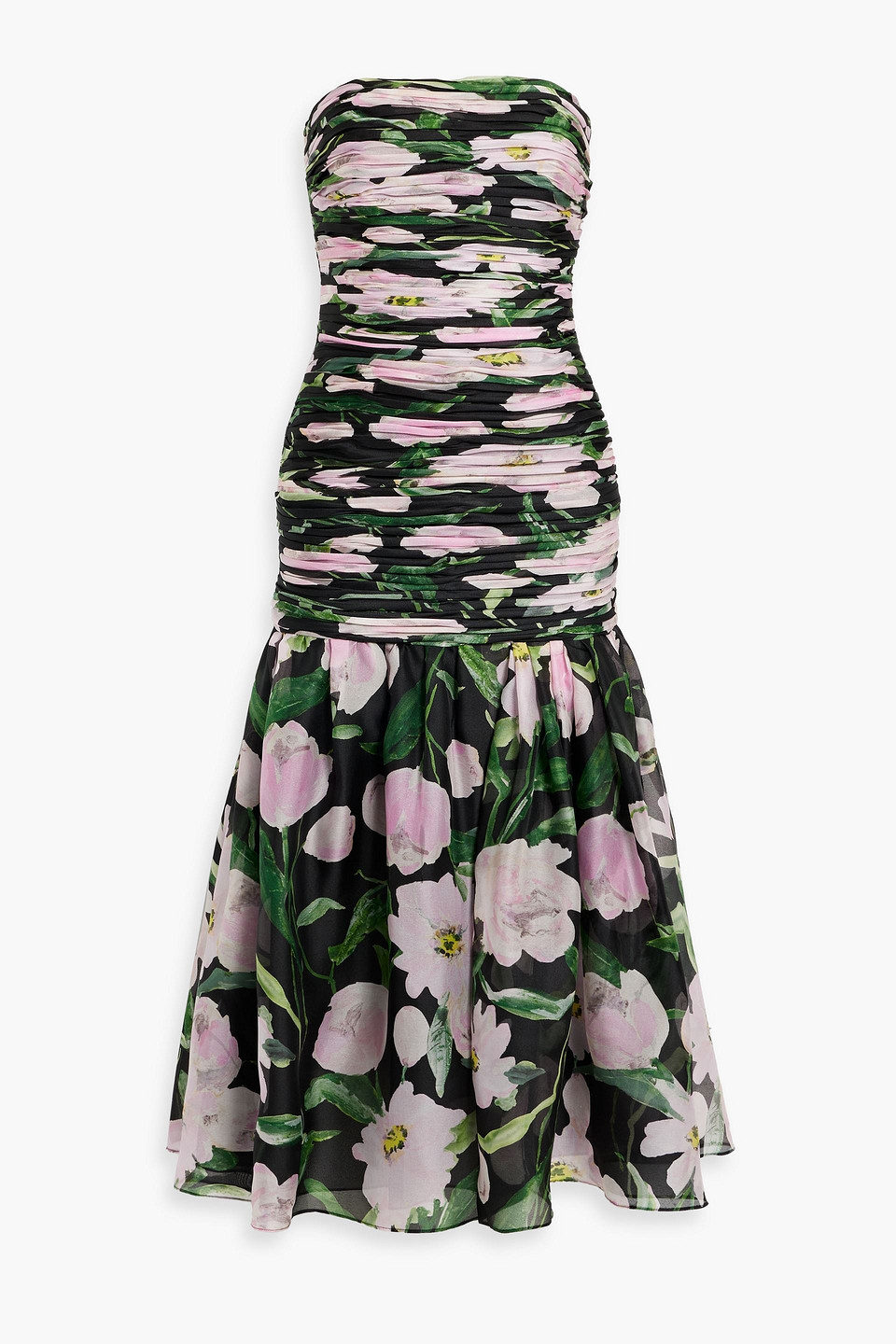 Carolina Herrera Strapless Floral-print Silk-chiffon Midi Dress In Black