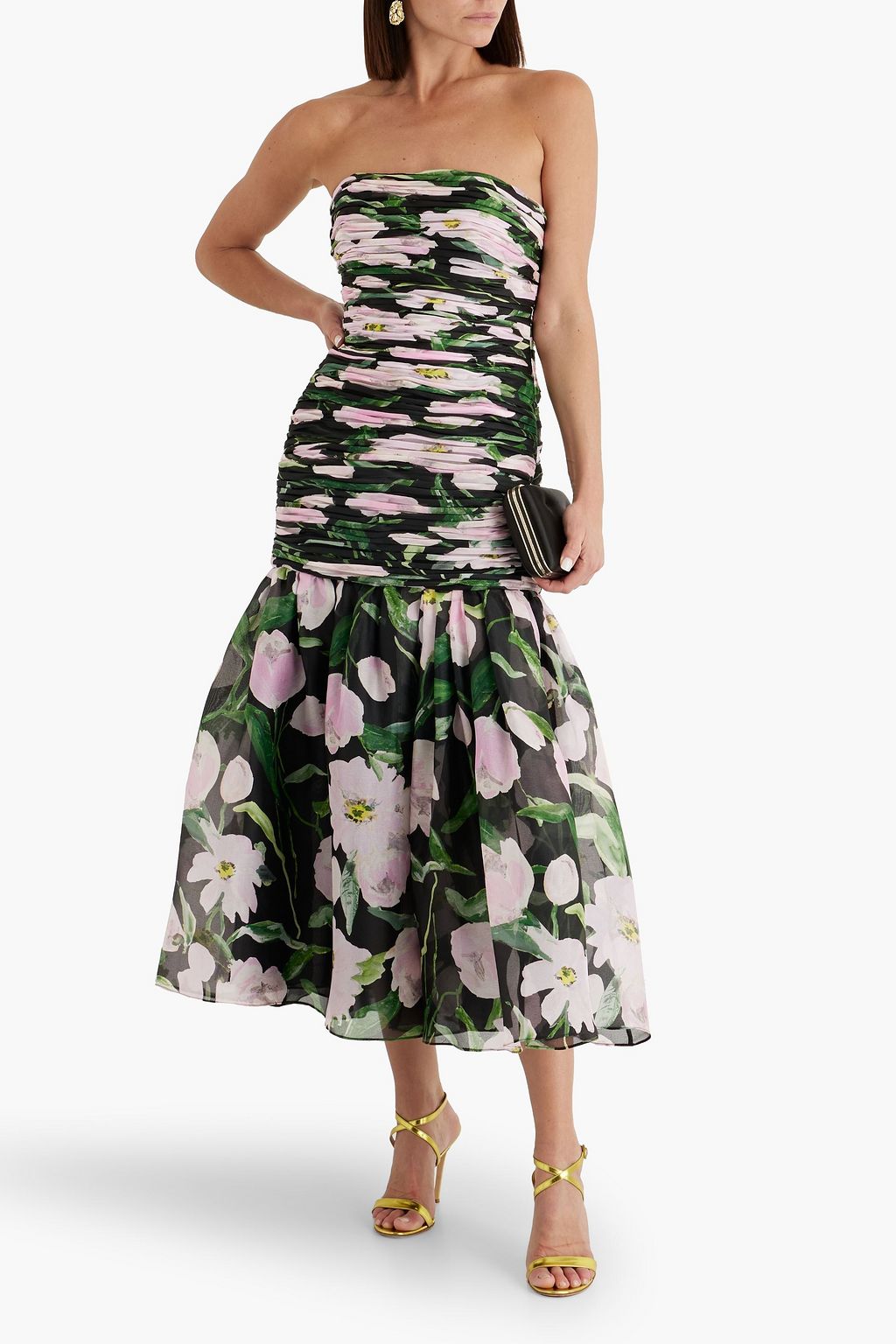 CAROLINA HERRERA Strapless ruched floral-print silk-chiffon midi dress