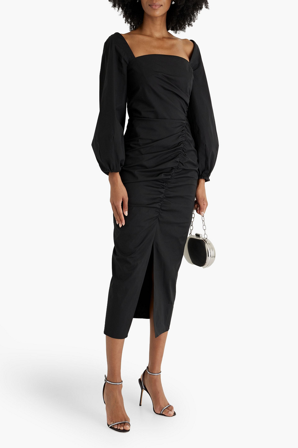 Carolina Herrera Ruched Cotton-blend Poplin Midi Dress In Black