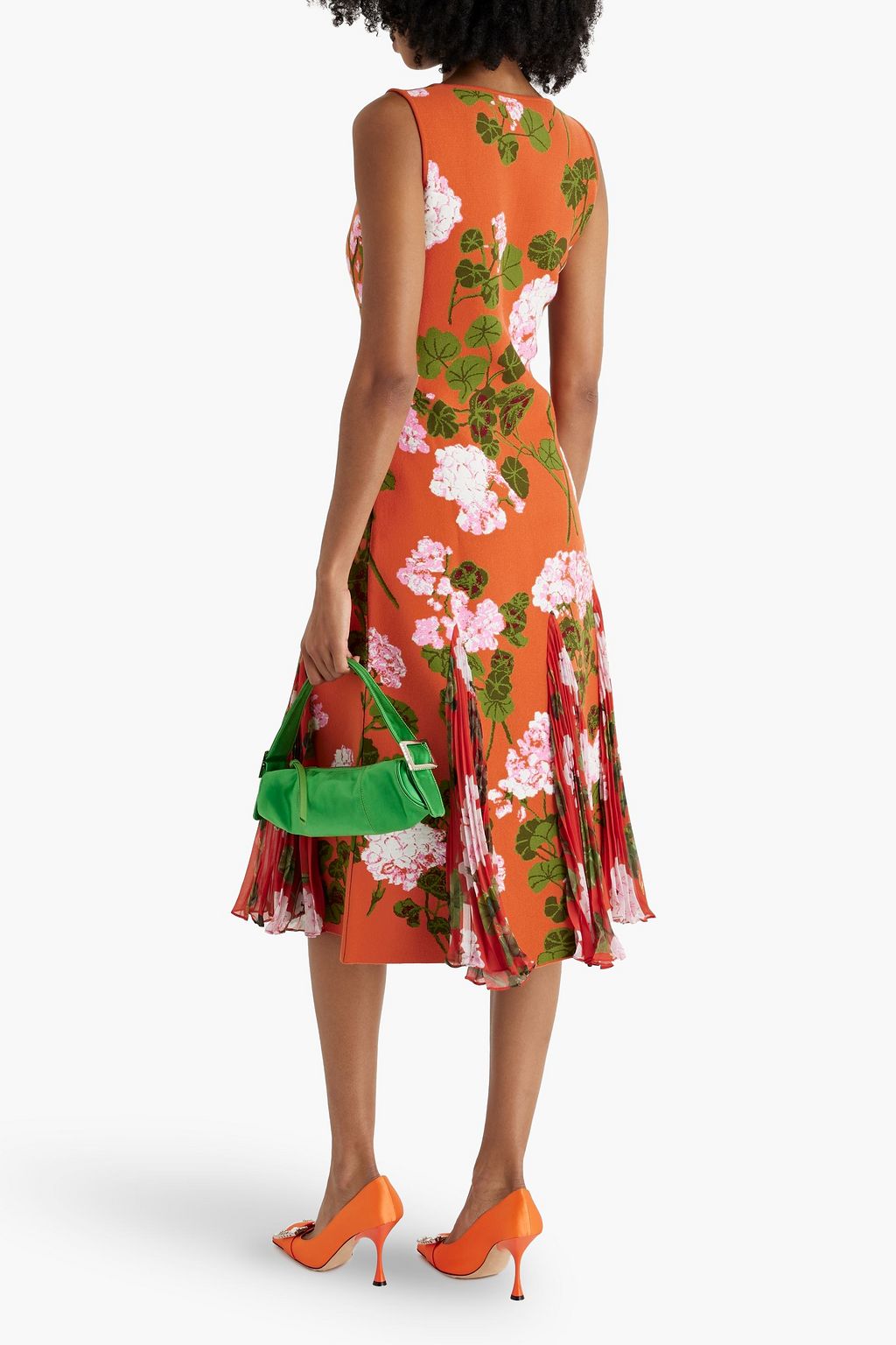 OSCAR DE LA RENTA Pleated chiffon-paneled jacquard-knit midi dress