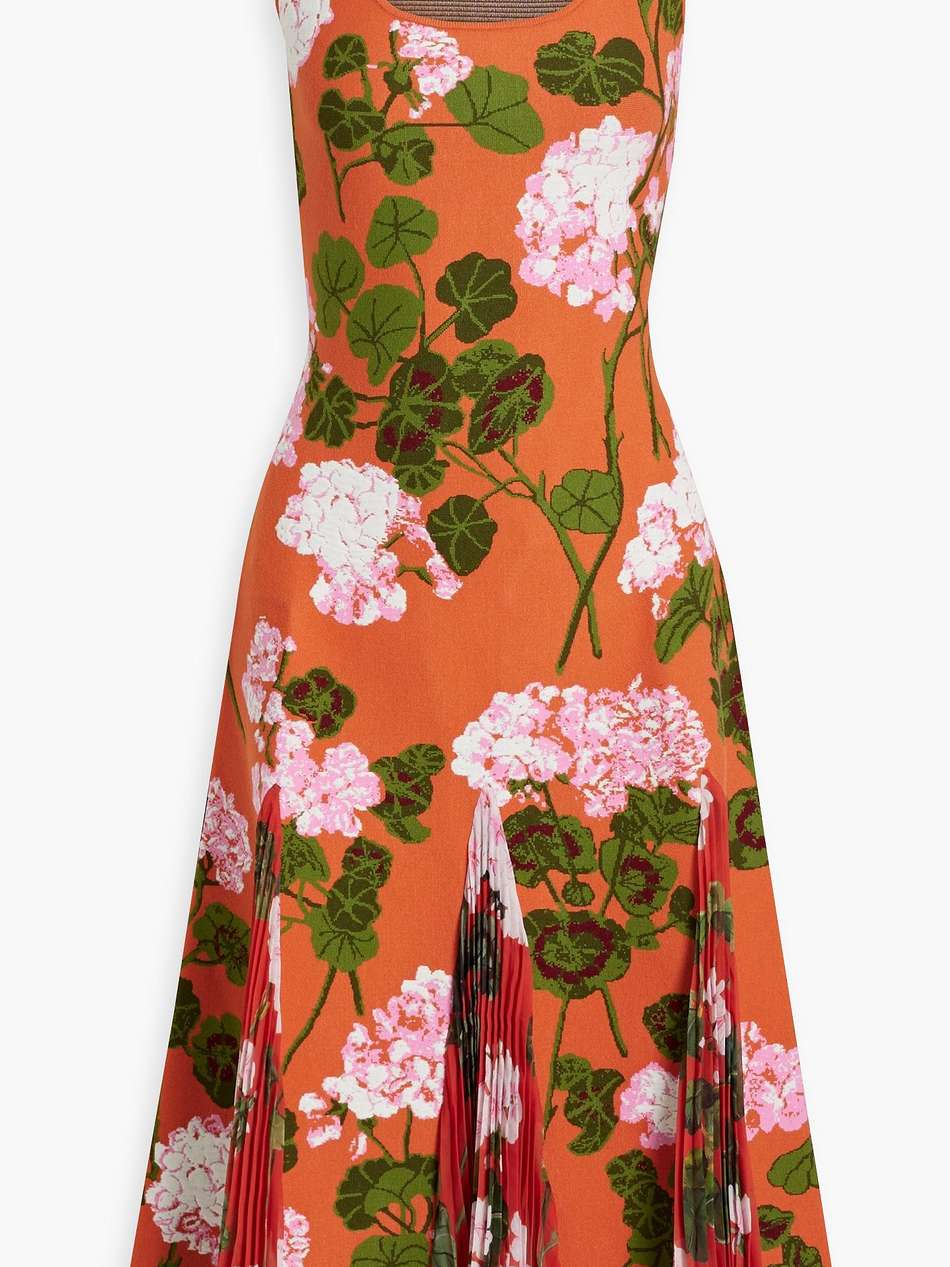 pleated chiffon-paneled jacquard-knit midi dress