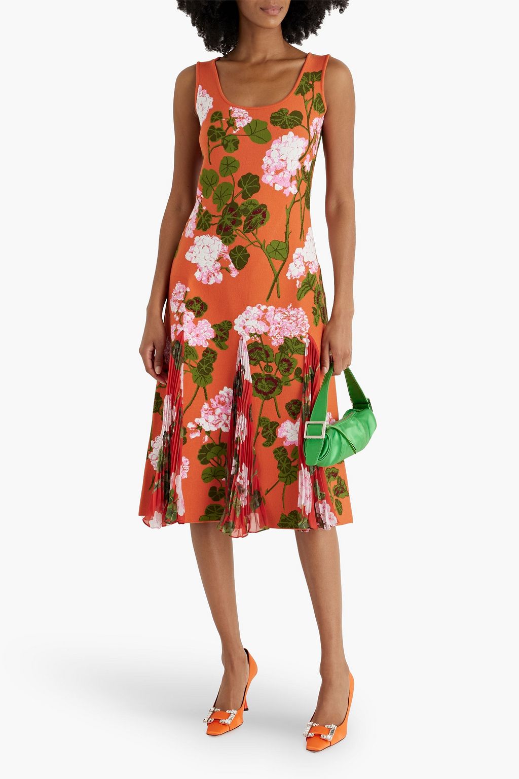 OSCAR DE LA RENTA Pleated chiffon-paneled jacquard-knit midi dress