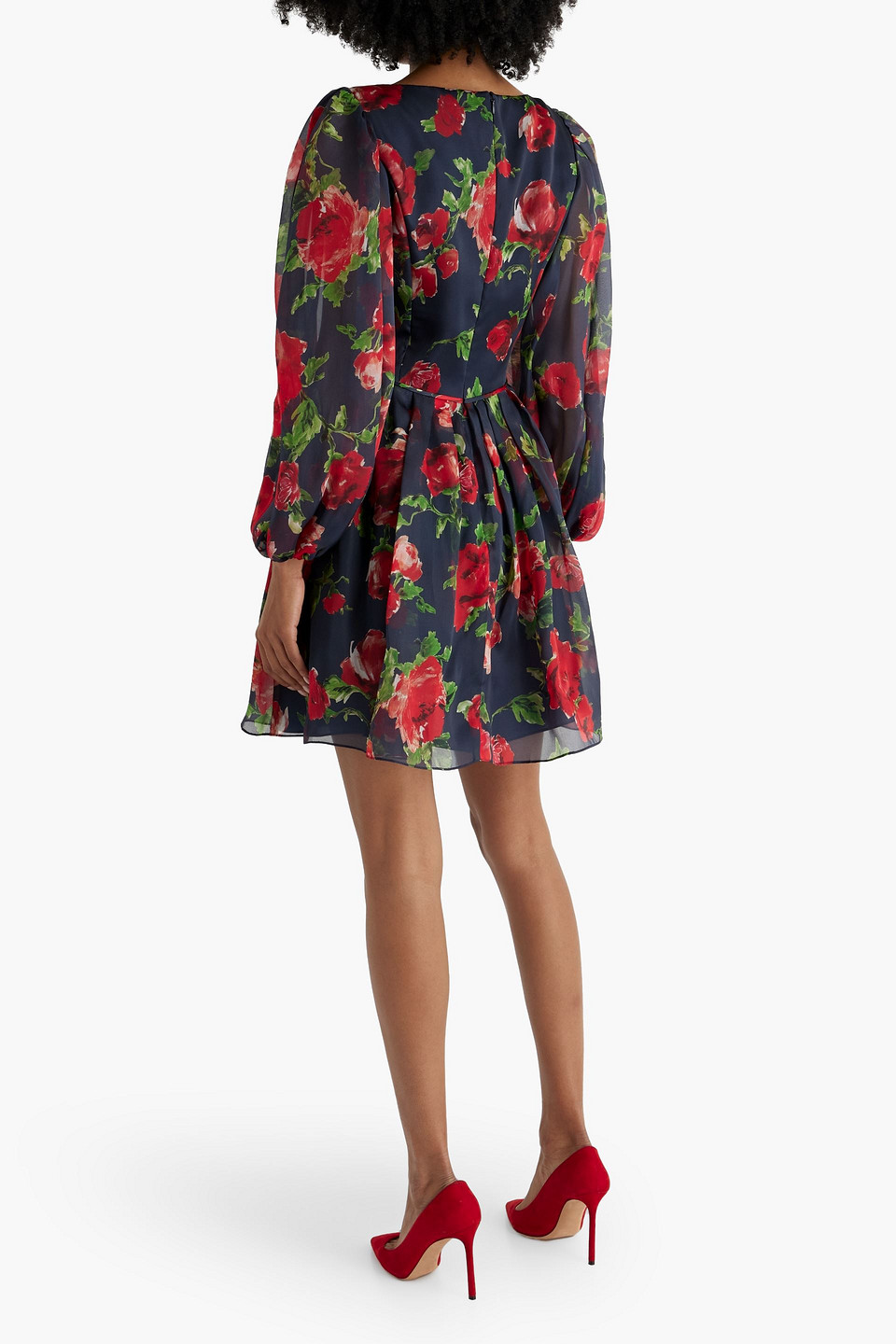 Shop Carolina Herrera Bow-detailed Floral-print Silk-organza Mini Dress In Midnight Blue