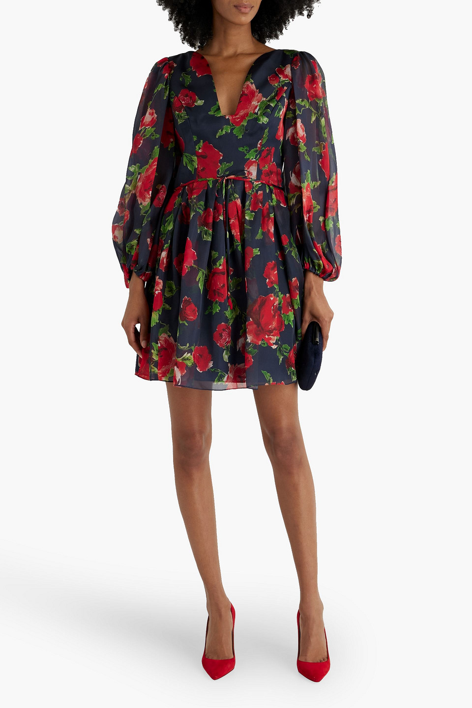 Shop Carolina Herrera Bow-detailed Floral-print Silk-organza Mini Dress In Midnight Blue