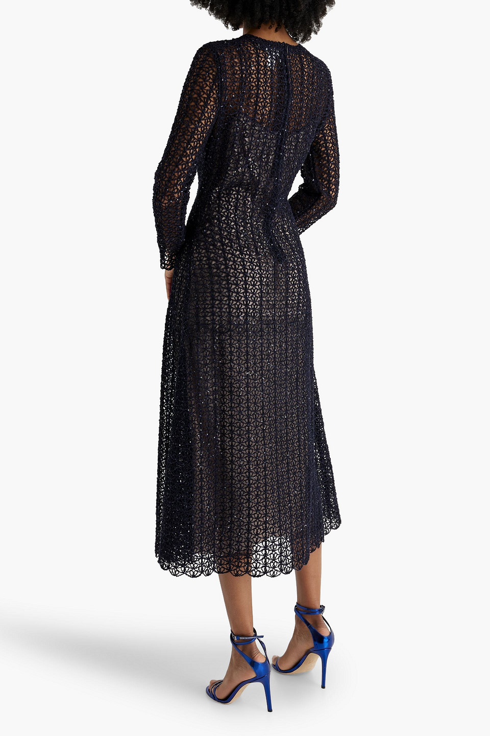 Oscar De La Renta Crocheted Cotton And Silk-blend Midi Dress In Navy