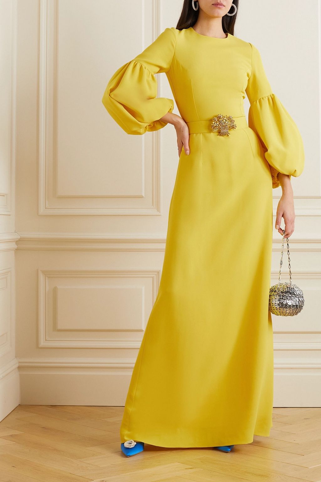 ANDREW GN クレープ ロングドレス クリスタル装飾 ベルト付き