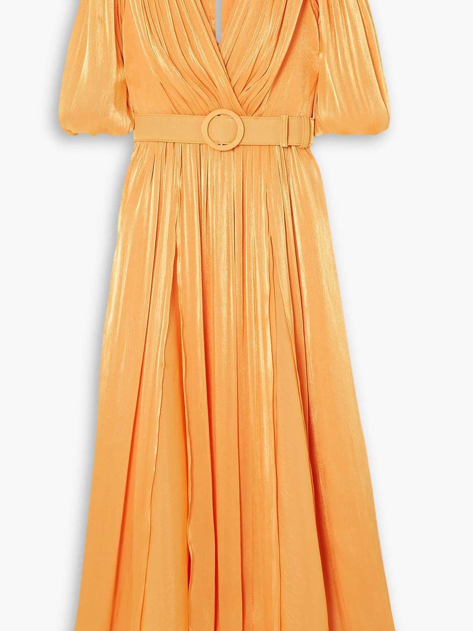 brennie belted metallic lamé midi dress