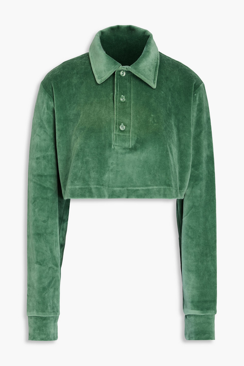 Re/done Cropped Velour Polo Shirt In Leaf Green