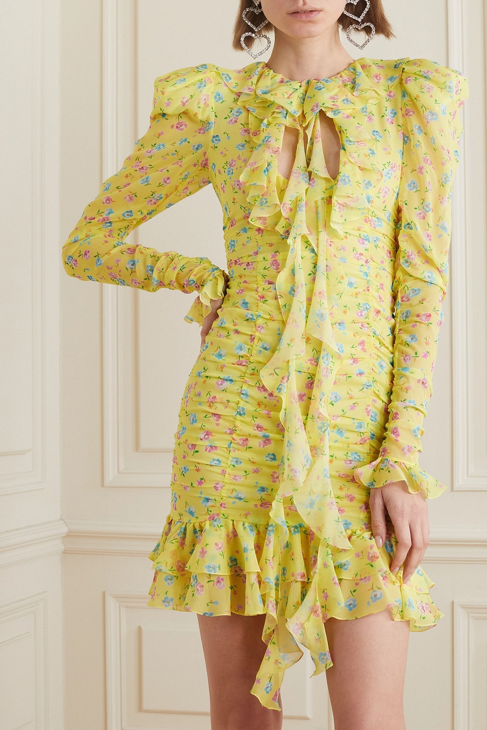 Alessandra Rich Violet Cutout Ruffled Floral-print Silk-georgette Mini Dress In Pastellgelb