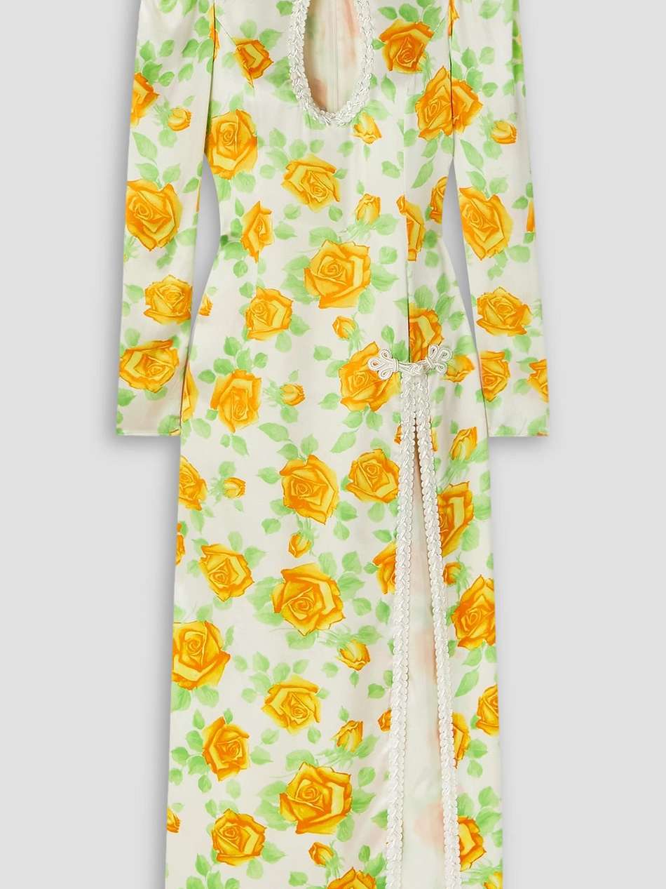cutout cord-trimmed floral-print duchesse silk-satin midi dress
