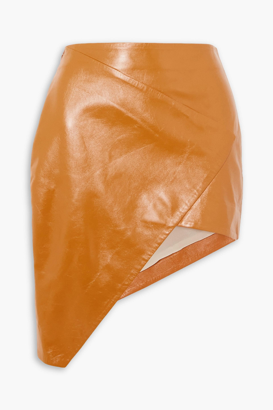 Zeynep Arcay Asymmetric Wrap-effect Leather Mini Skirt In Camel