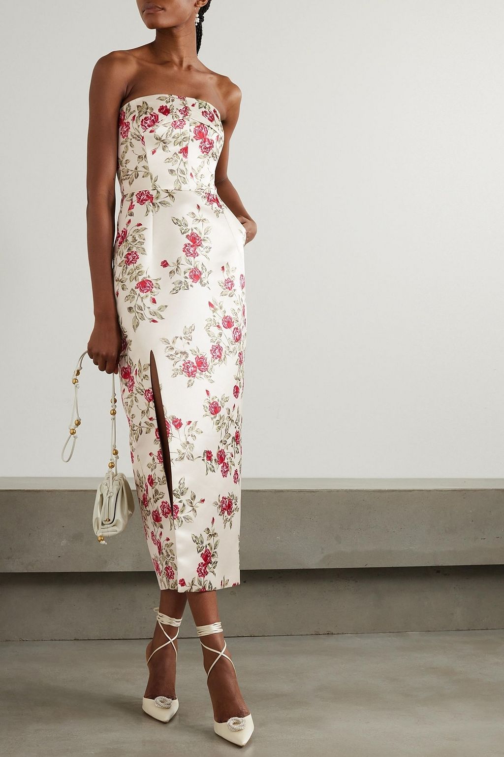 EMILIA WICKSTEAD Pola strapless floral-print duchesse-satin midi dress