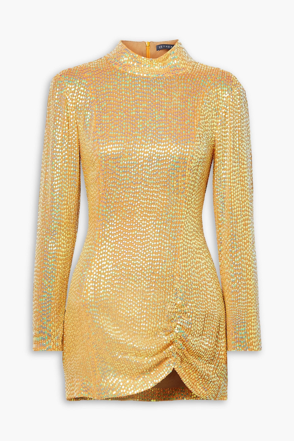 Zeynep Arcay Ruched Embellished Silk-chiffon Mini Dress In Marigold