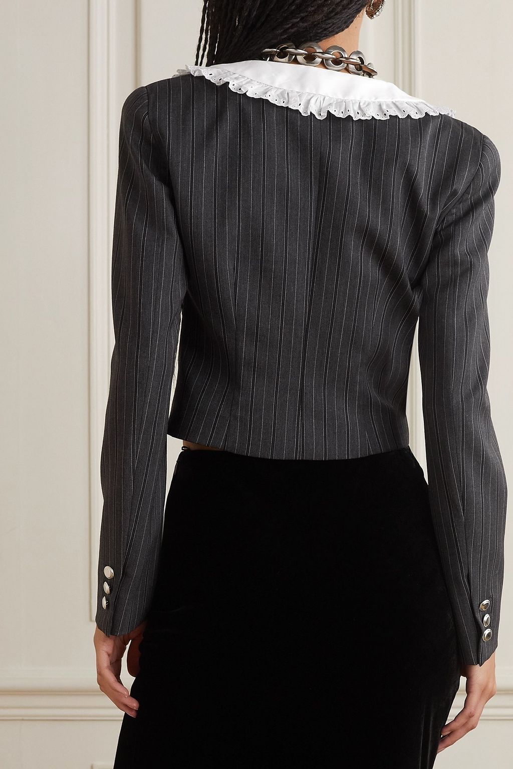 ALESSANDRA RICH Cropped broderie anglaise-trimmed pinstriped wool-blend jacket