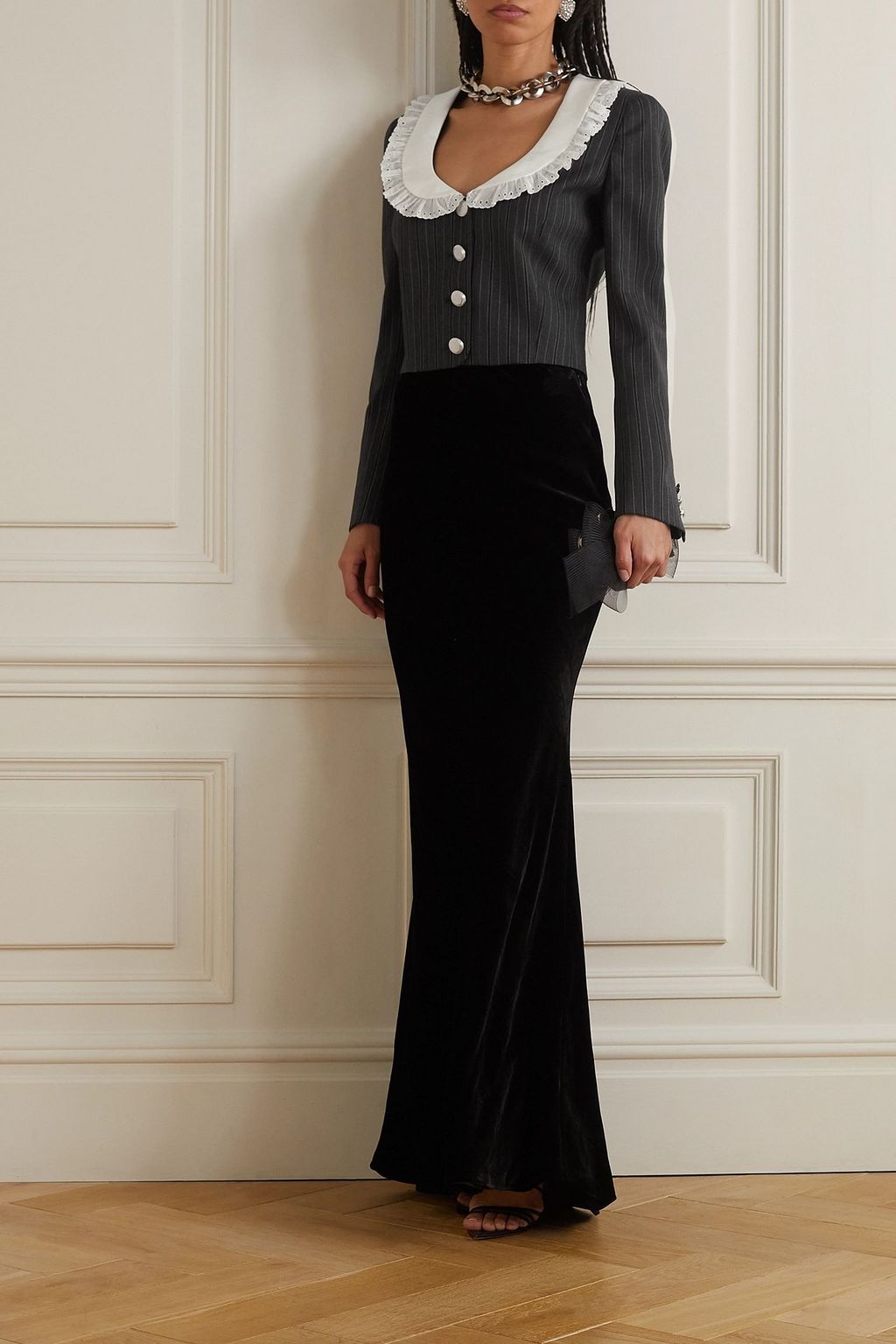 ALESSANDRA RICH Cropped broderie anglaise-trimmed pinstriped wool-blend jacket