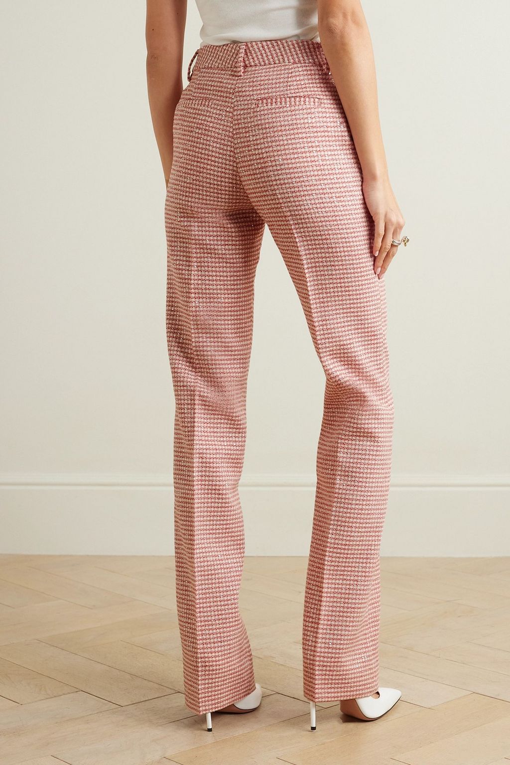 ALESSANDRA RICH Checked sequined-embellished wool-blend tweed straight-leg pants