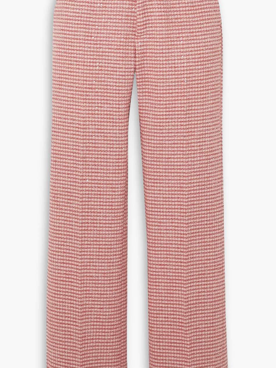 checked sequined-embellished wool-blend tweed straight-leg pants