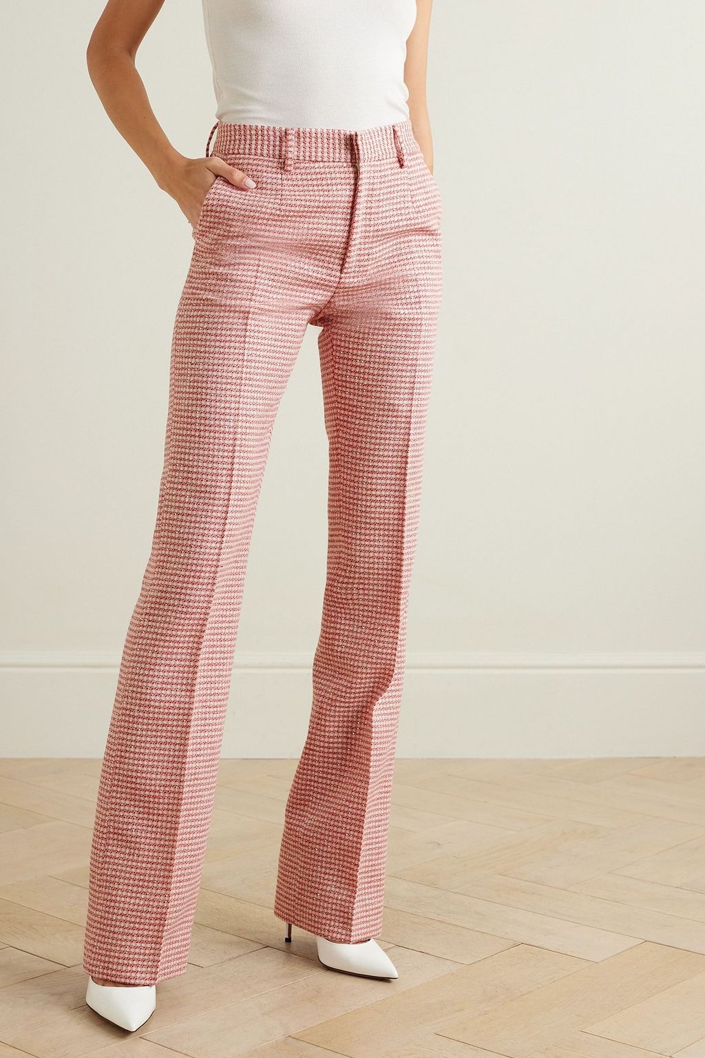 ALESSANDRA RICH Checked sequined-embellished wool-blend tweed straight-leg pants