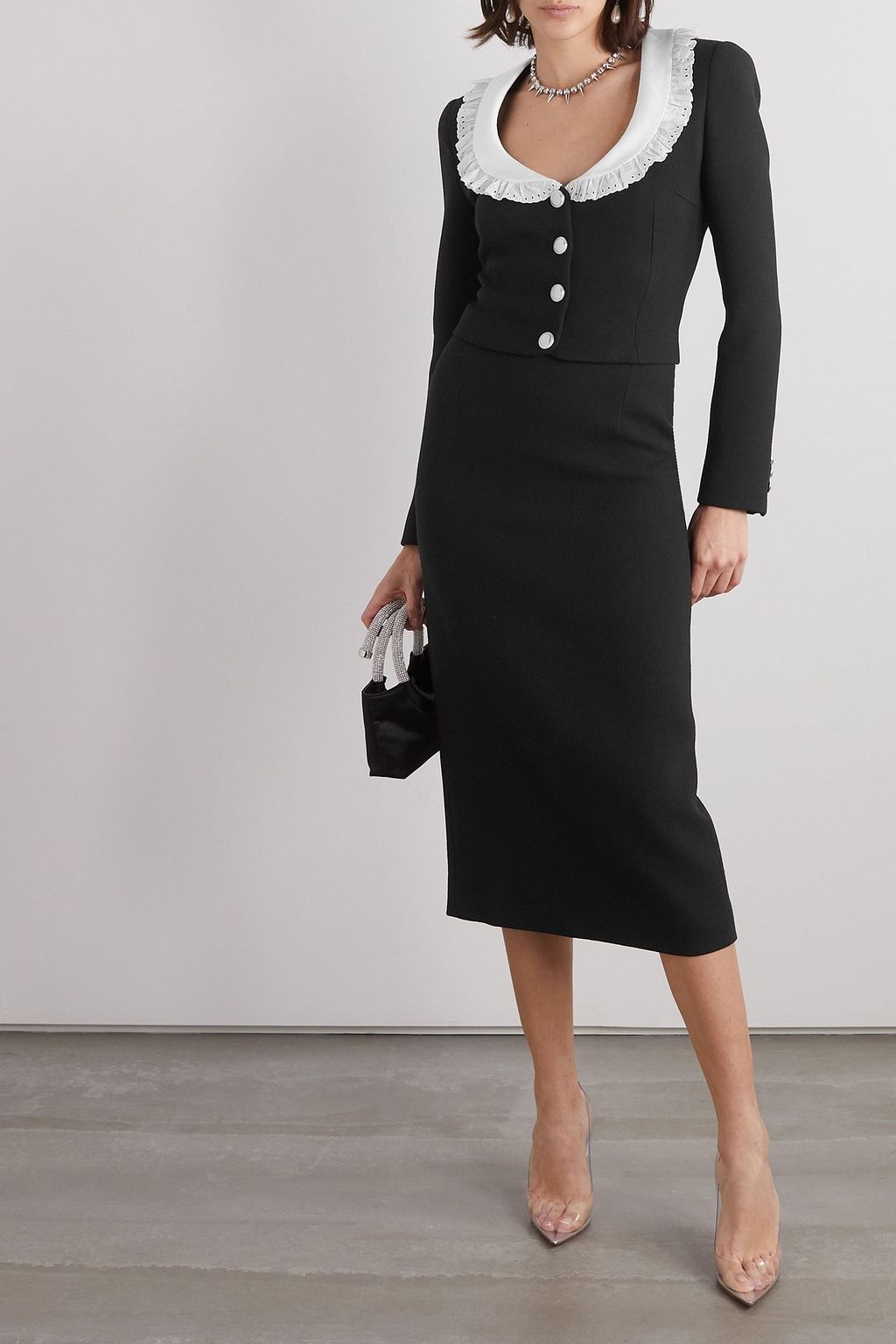 ALESSANDRA RICH Cropped broderie-anglaise trimmed wool blazer