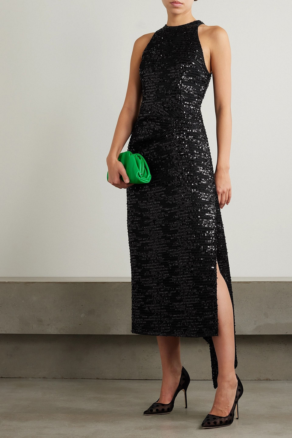 Emilia Wickstead Cheska Asymmetric Sequined Mesh Midi Dress In Black