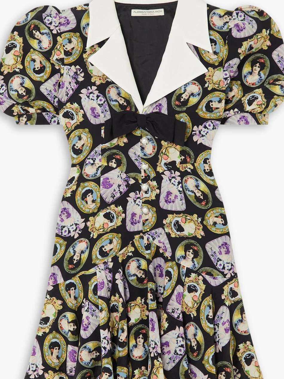 bow-embellished printed silk mini dress