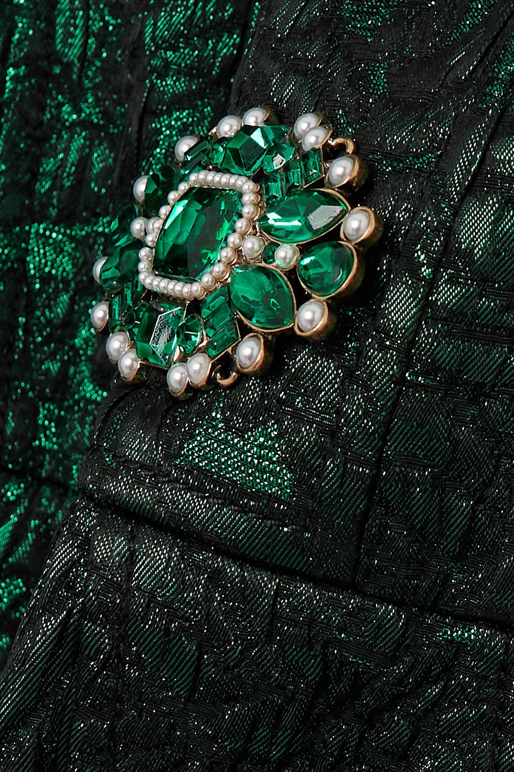 ANDREW GN Minikleid aus Metallic-Brokat mit Popelinebesätzen, Verzierungen und Schößchen