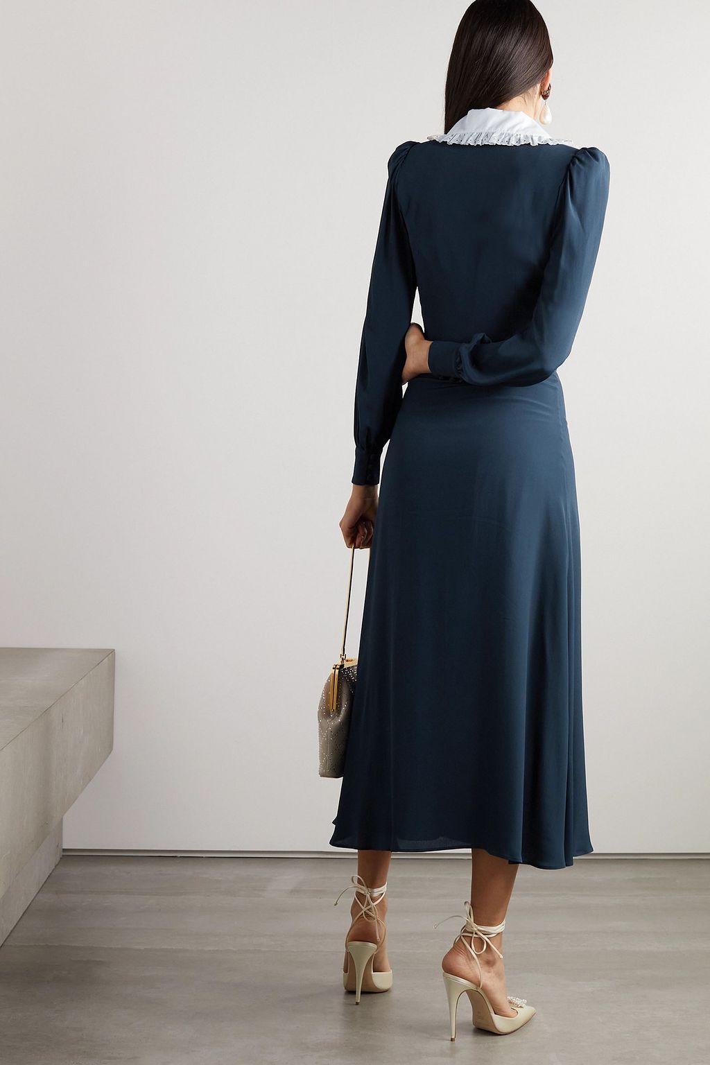ALESSANDRA RICH Broderie anglaise-trimmed crepe de chine midi dress