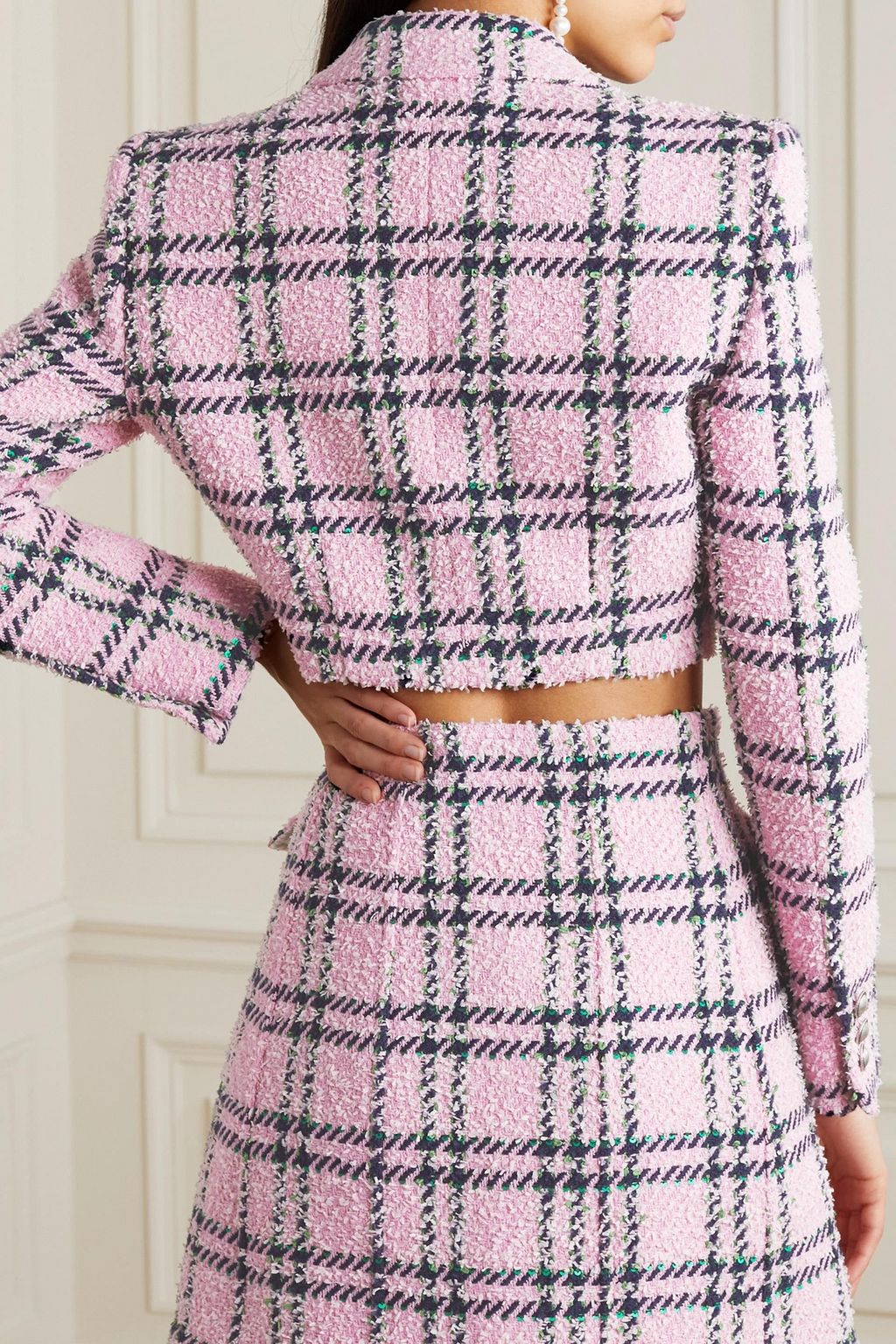 ALESSANDRA RICH Cropped embellished checked wool-blend tweed blazer