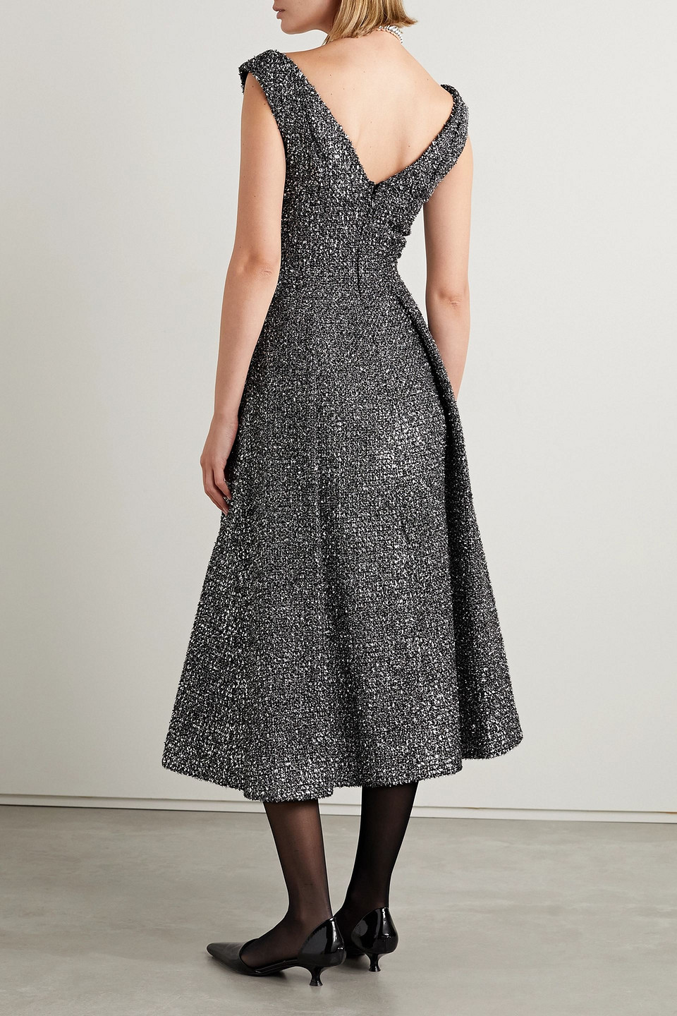 EMILIA WICKSTEAD ODELIA PLEATED LAMÉ TWEED MIDI DRESS