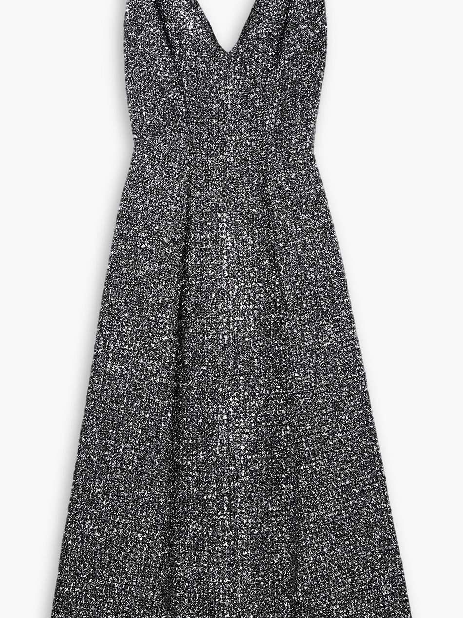 odelia pleated lamé tweed midi dress