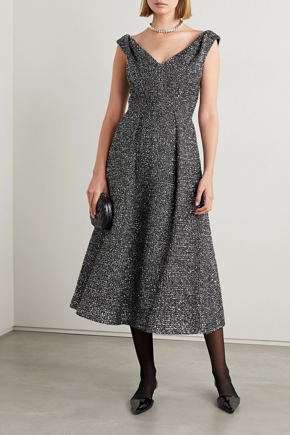 EMILIA WICKSTEAD ODELIA PLEATED LAMÉ TWEED MIDI DRESS