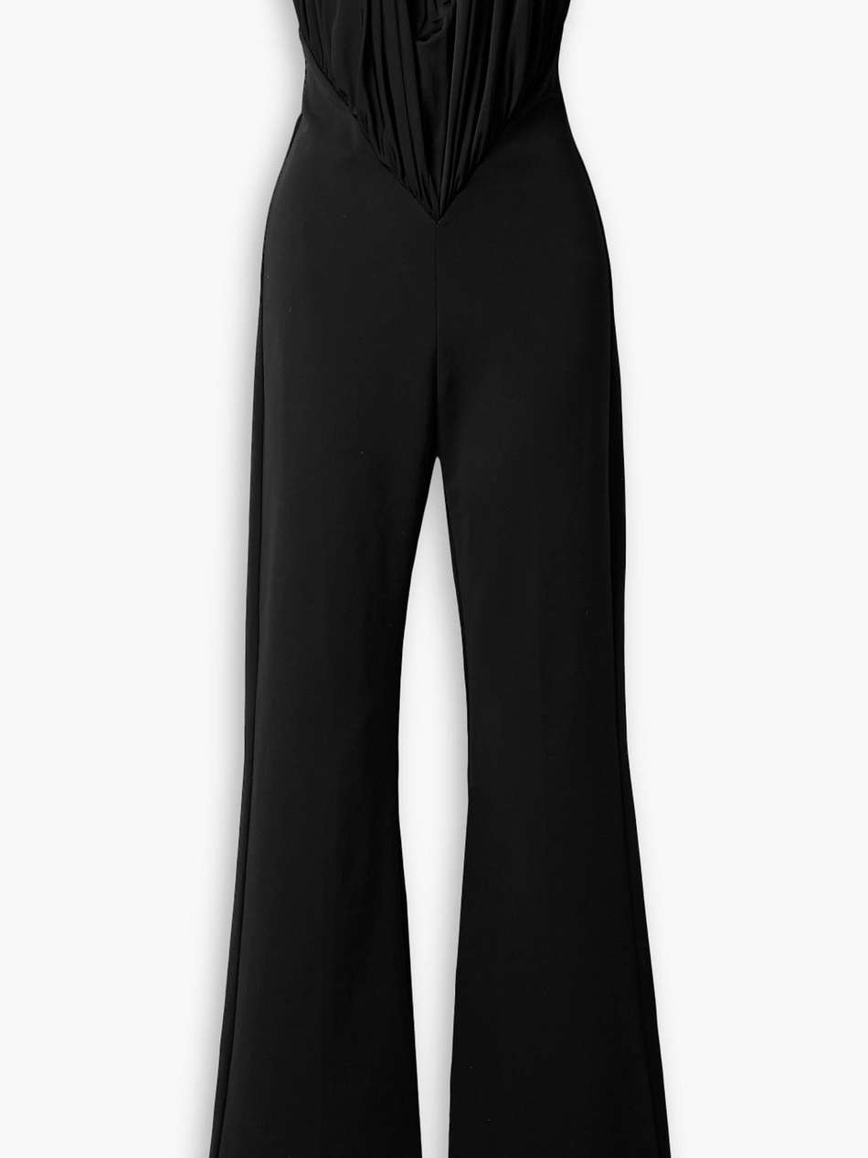 gabriel strapless gathered glossed-jersey jumpsuit