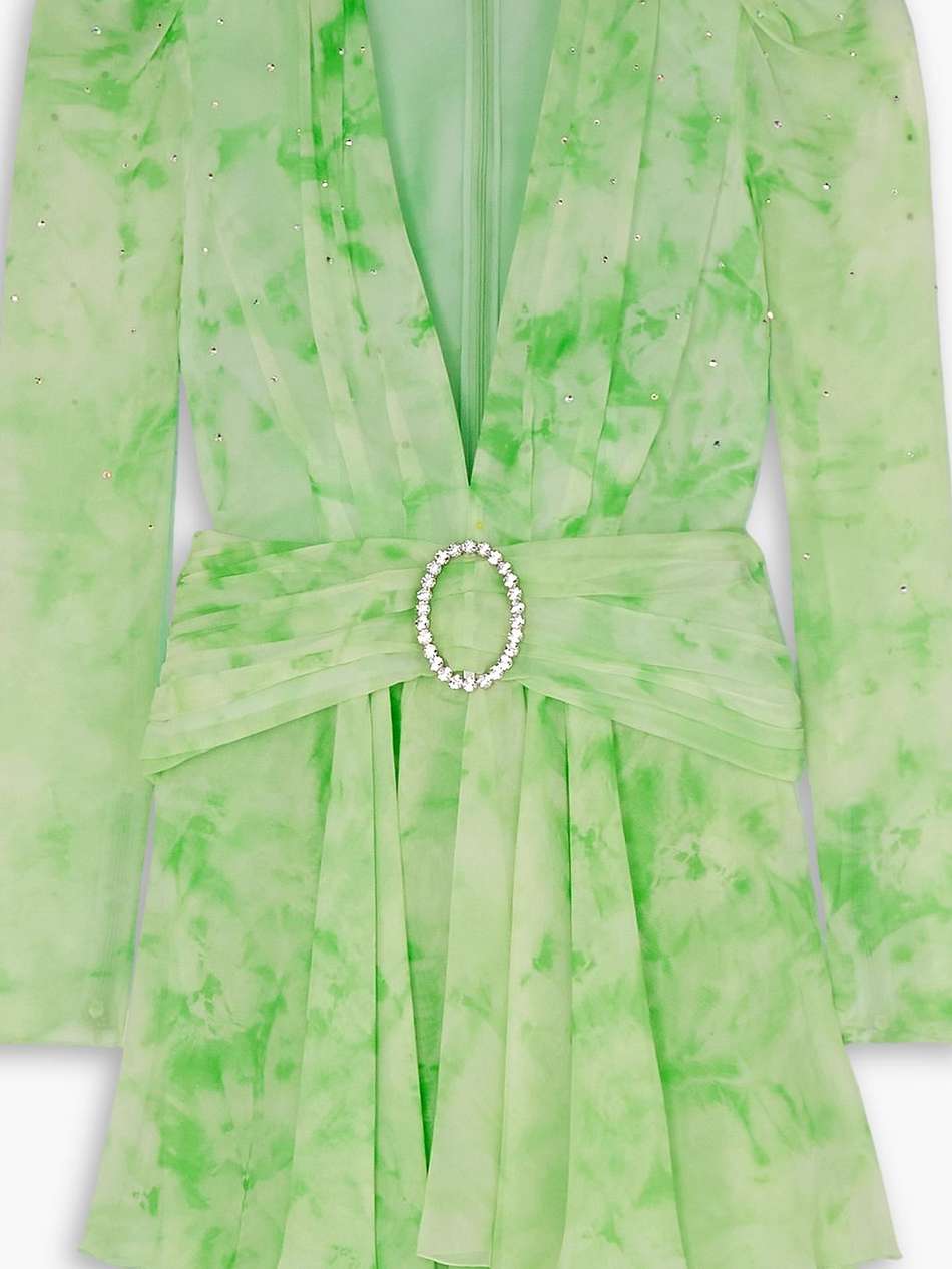 gathered crystal-embellished printed silk-georgette mini dress