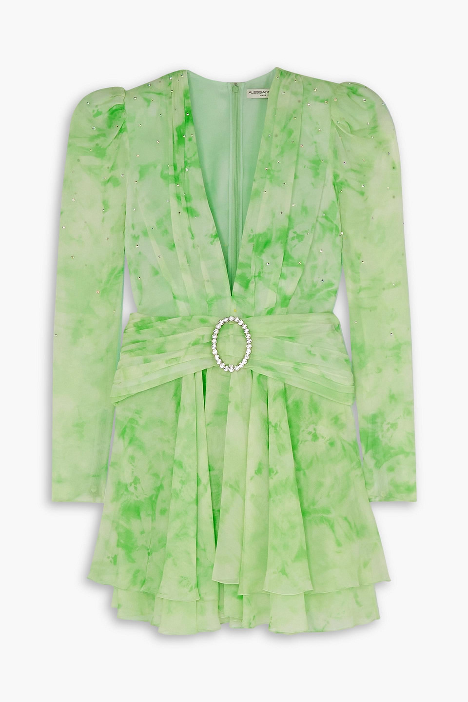 Alessandra Rich Gathered Crystal-embellished Printed Silk-georgette Mini Dress In Grün