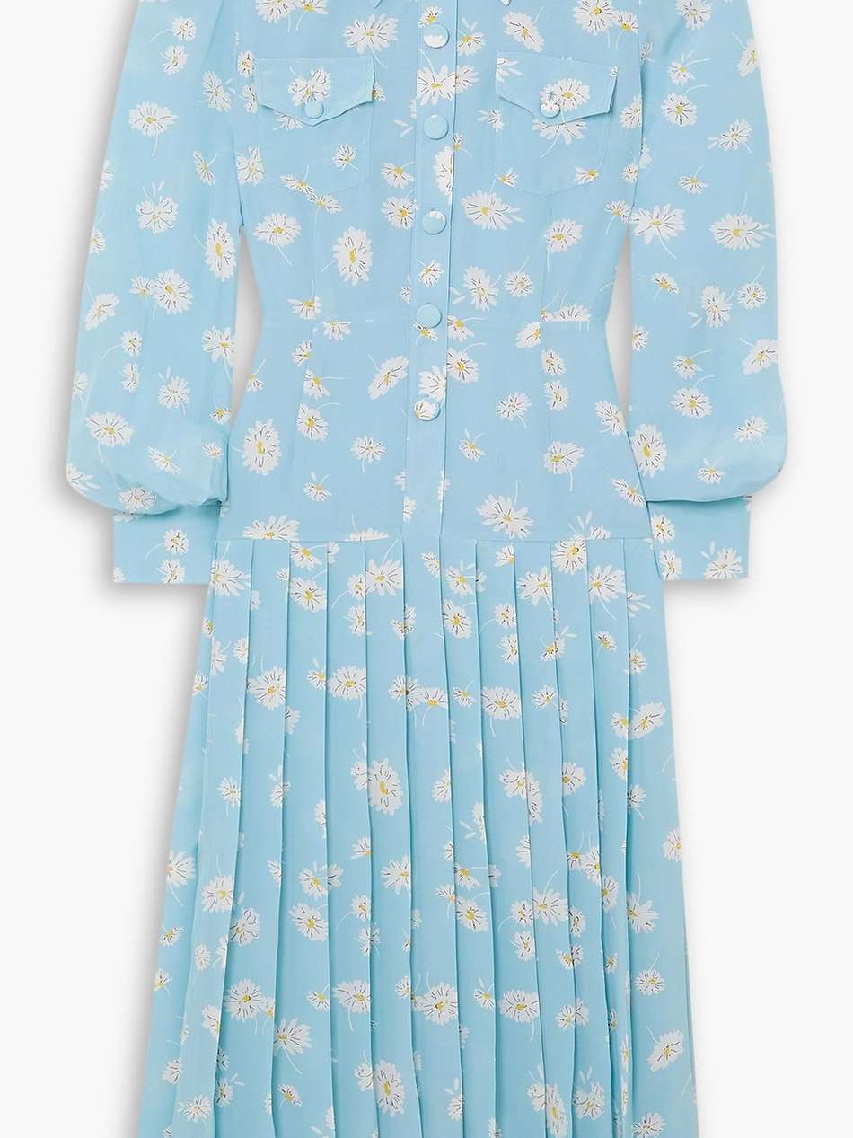 button-embellished printed pleated silk midi dress