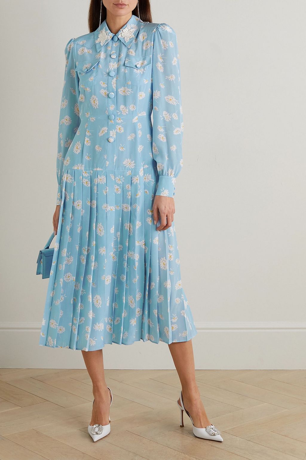 ALESSANDRA RICH Button-embellished printed pleated silk midi dress
