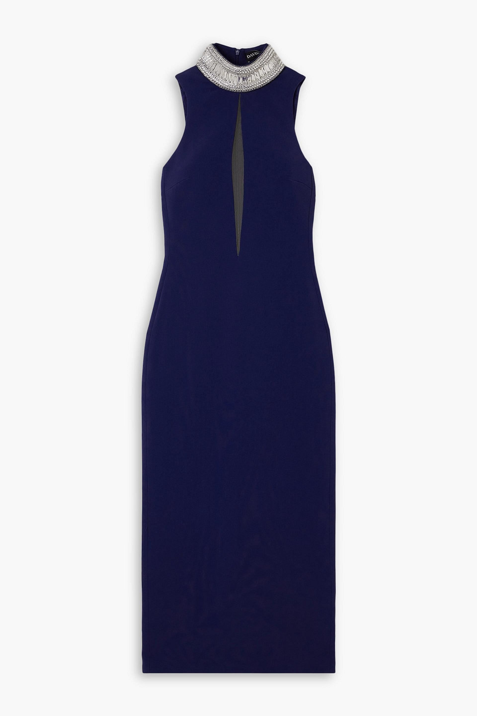 David Koma Crystal-embellished Tulle-trimmed Stretch-cady Midi Dress In Navy