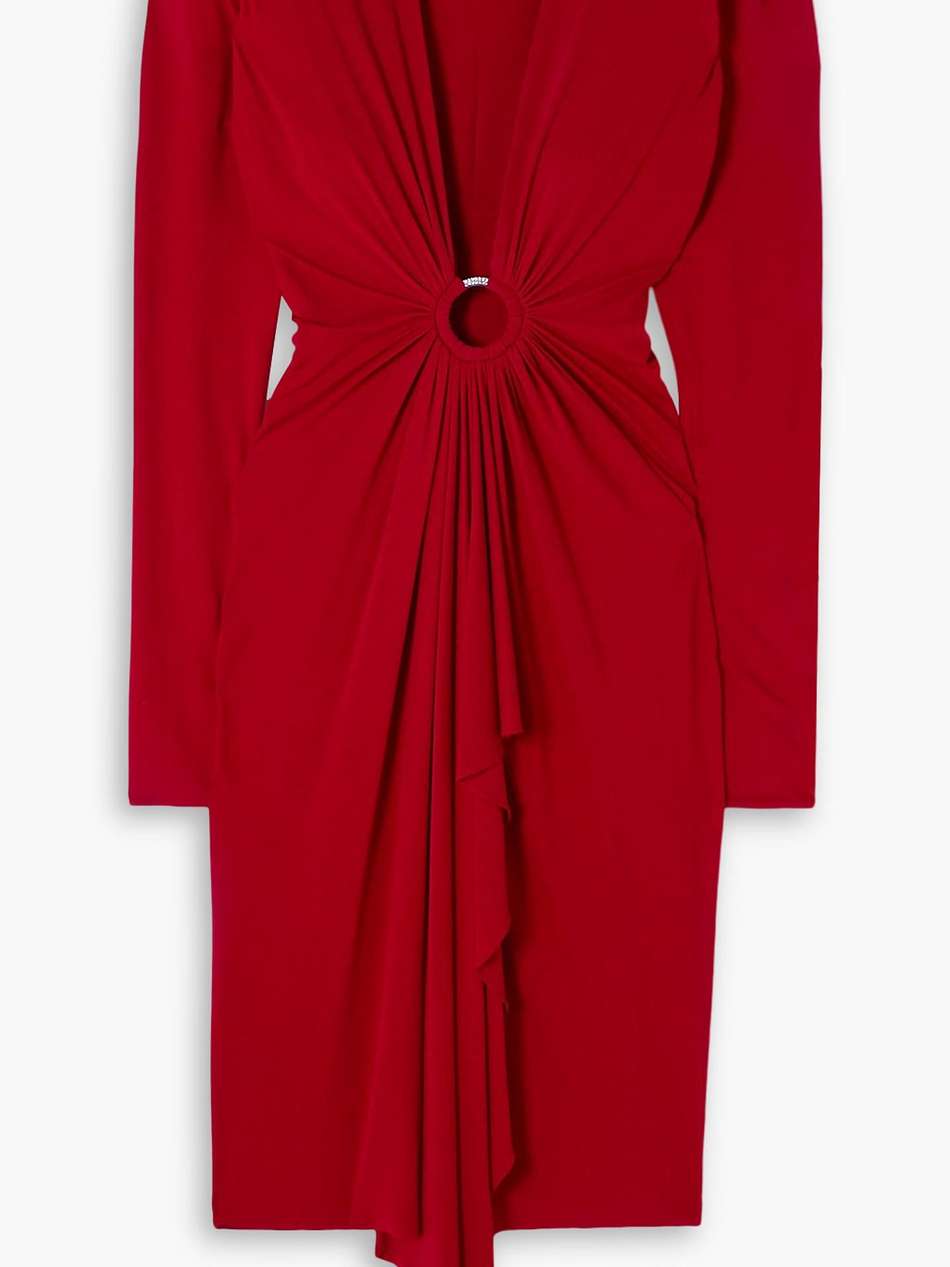 embellished gathered stretch-jersey dress