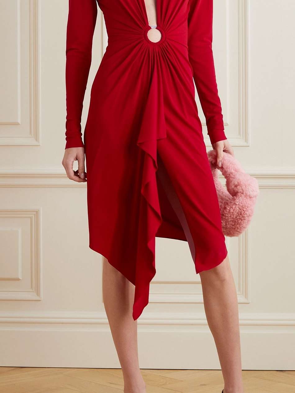 embellished gathered stretch-jersey dress