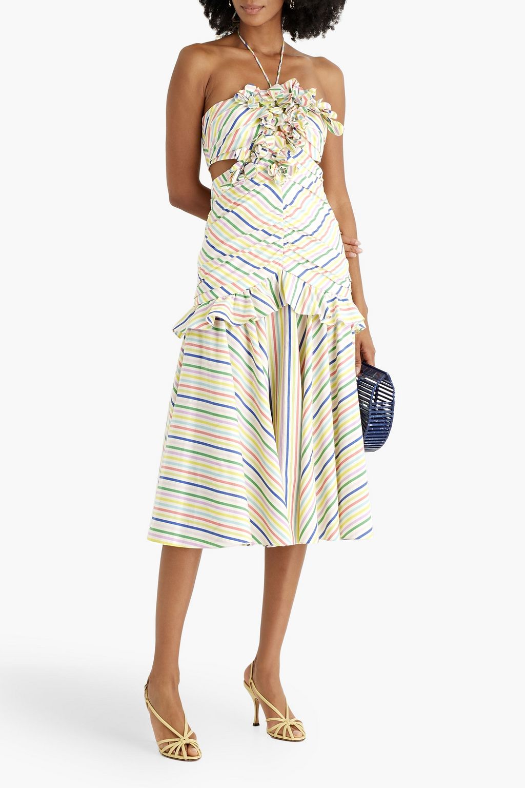 CAROLINA HERRERA Cutout striped cotton halterneck midi dress