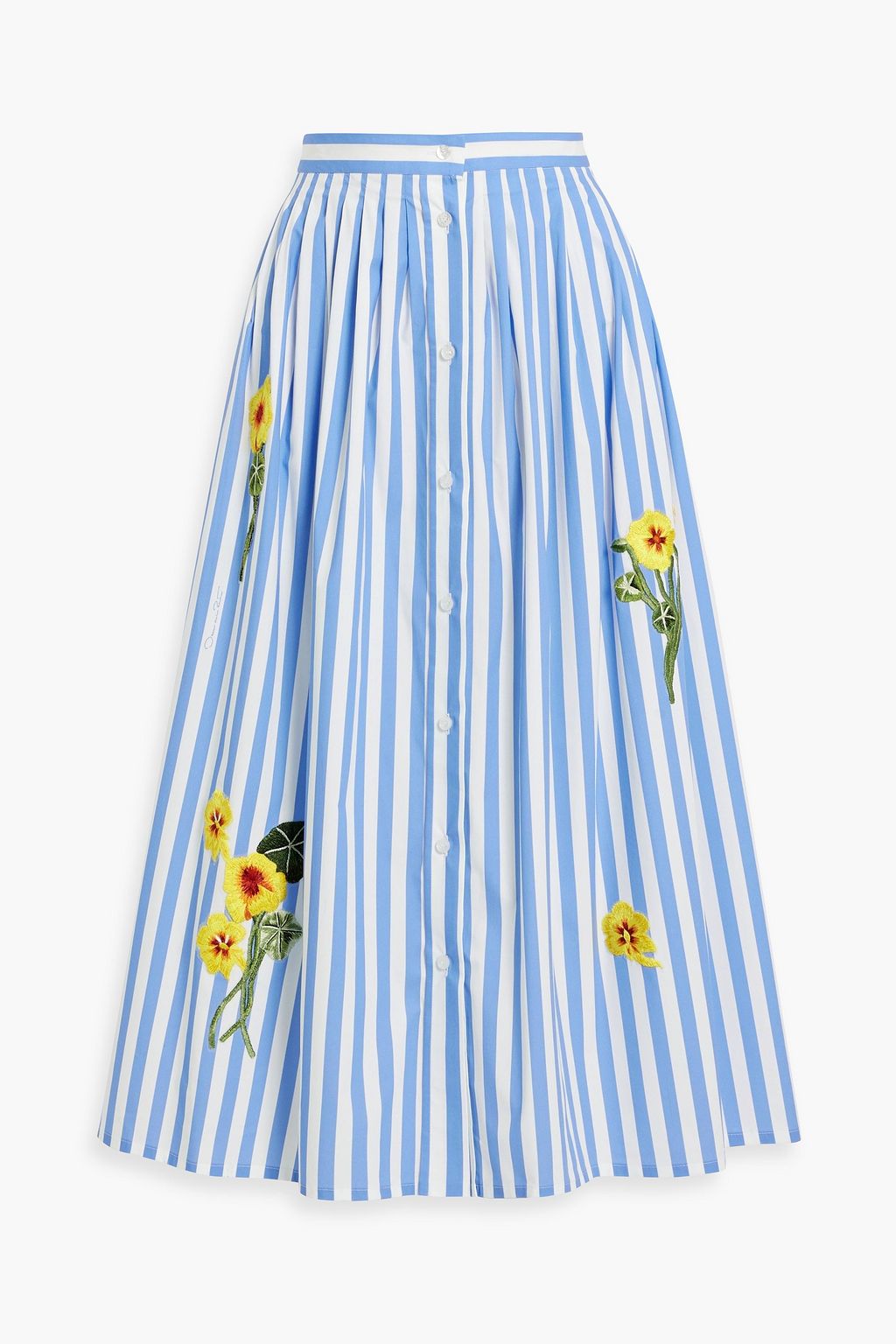 Embroidered striped cotton blend poplin midi skirt light blue US 14