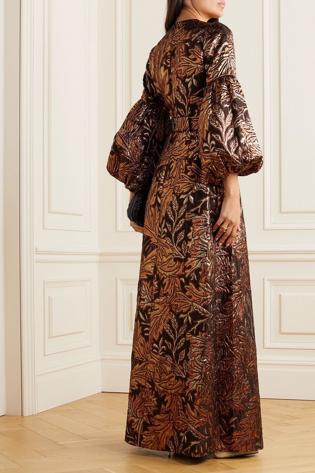 ANDREW GN Belted metallic brocade gown