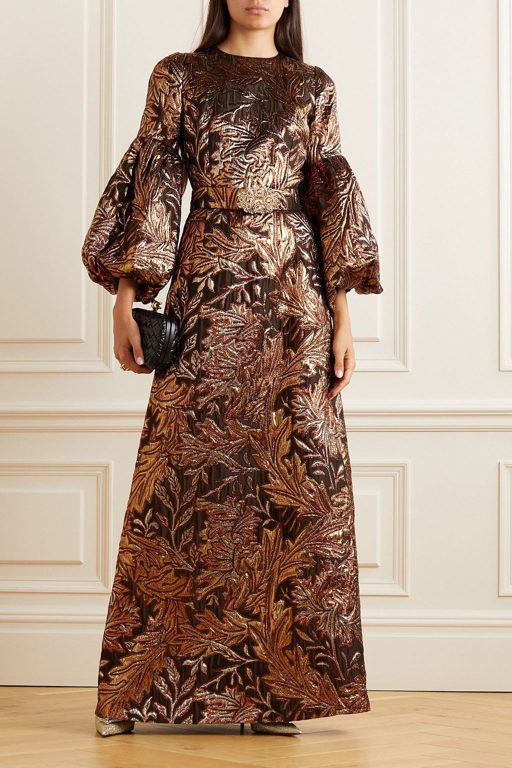 ANDREW GN Belted metallic brocade gown