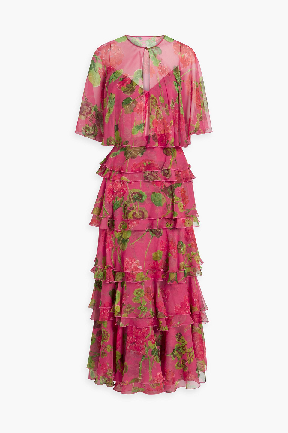 Oscar De La Renta Tiered Ruffled Floral-print Silk-chiffon Gown In Fuchsia