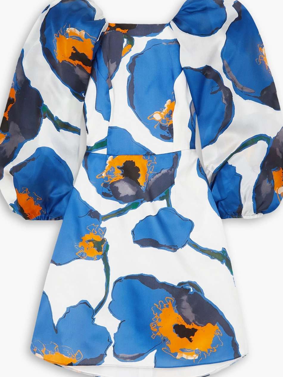gathered floral-print duchesse silk-satin mini dress