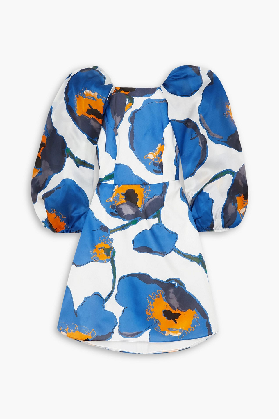 Carolina Herrera Gathered Floral-print Duchesse Silk-satin Mini Dress In Cobalt Blue