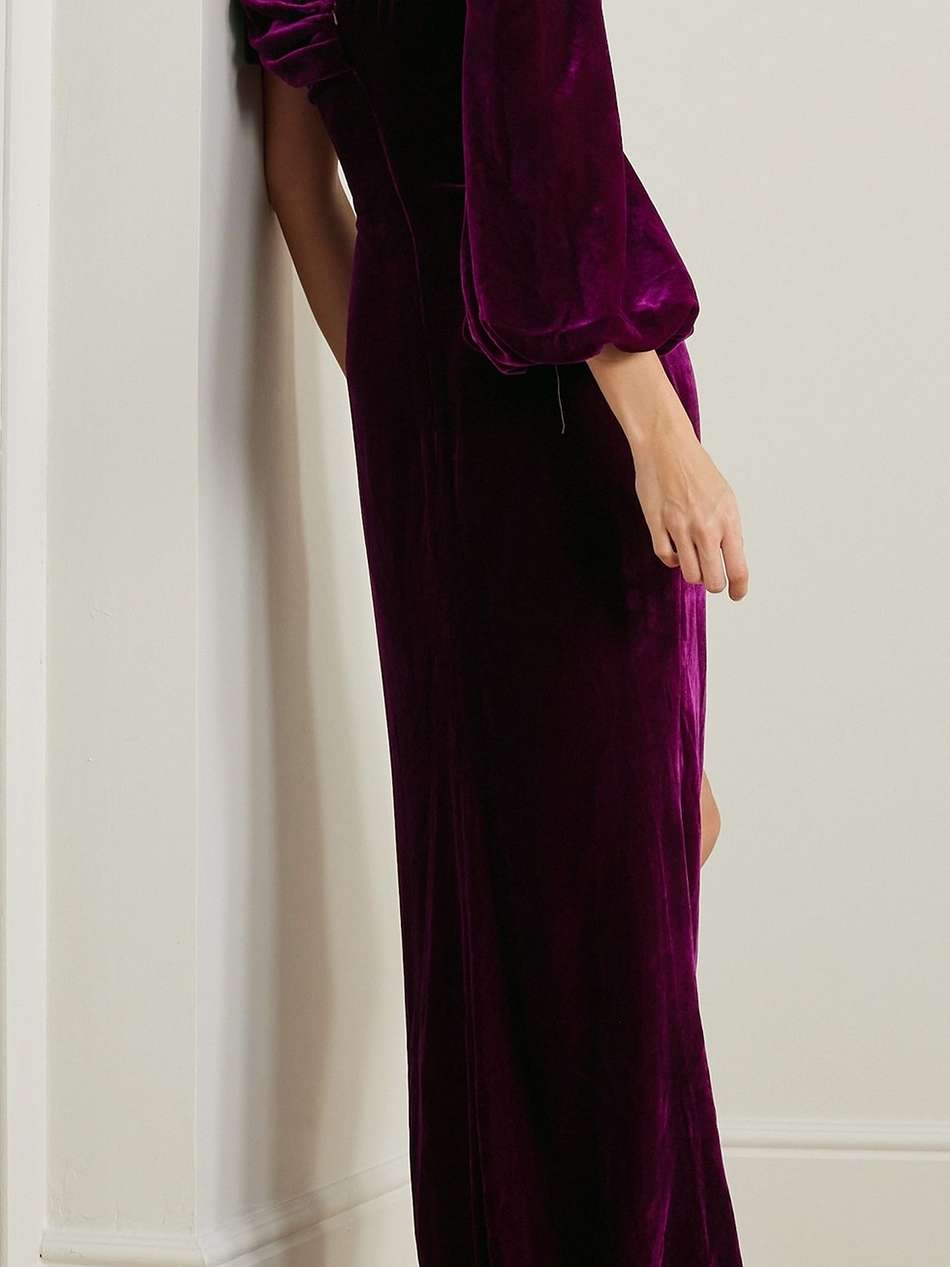 one-shoulder draped velvet gown