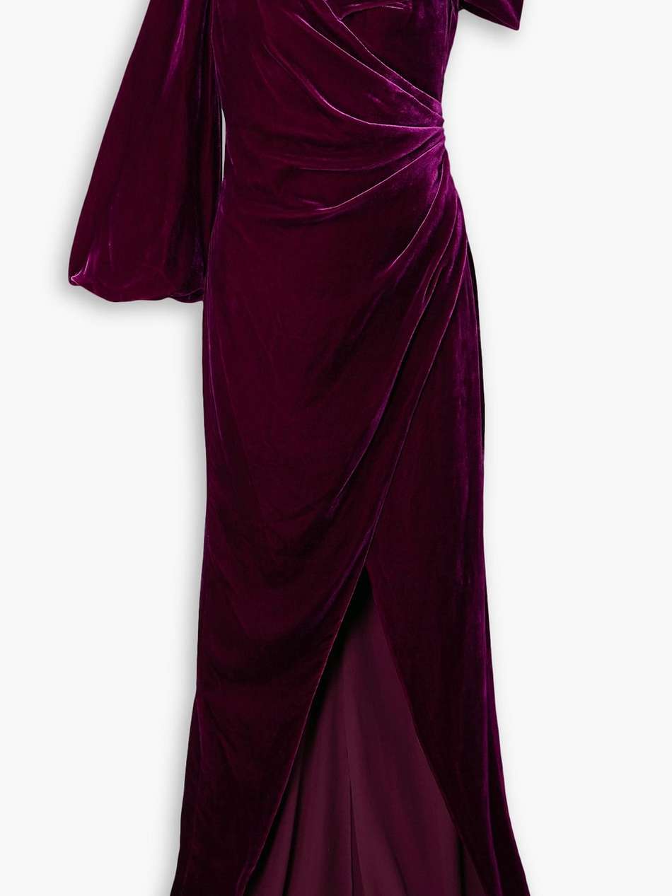 one-shoulder draped velvet gown
