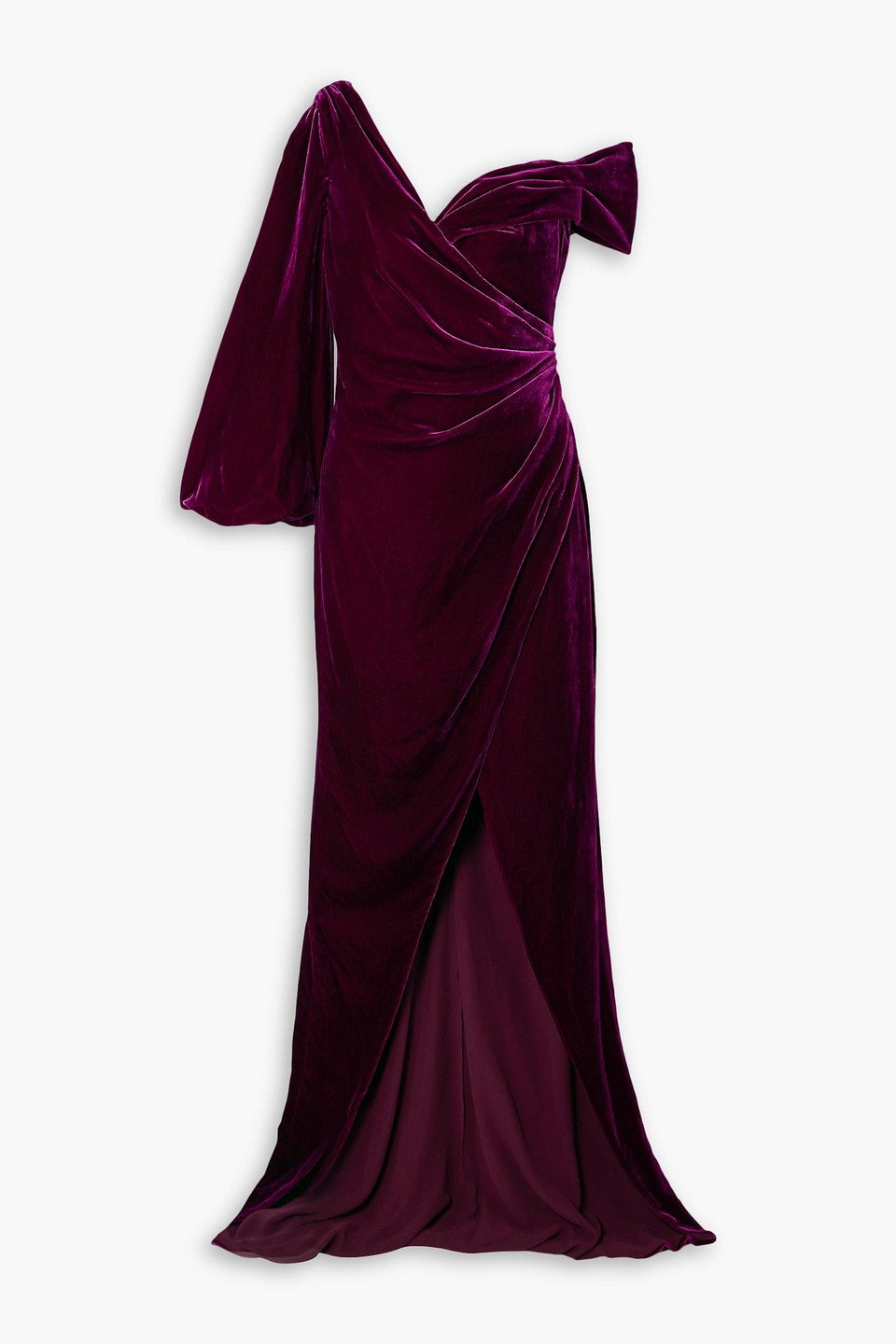 Costarellos One-shoulder Draped Velvet Gown In Plum