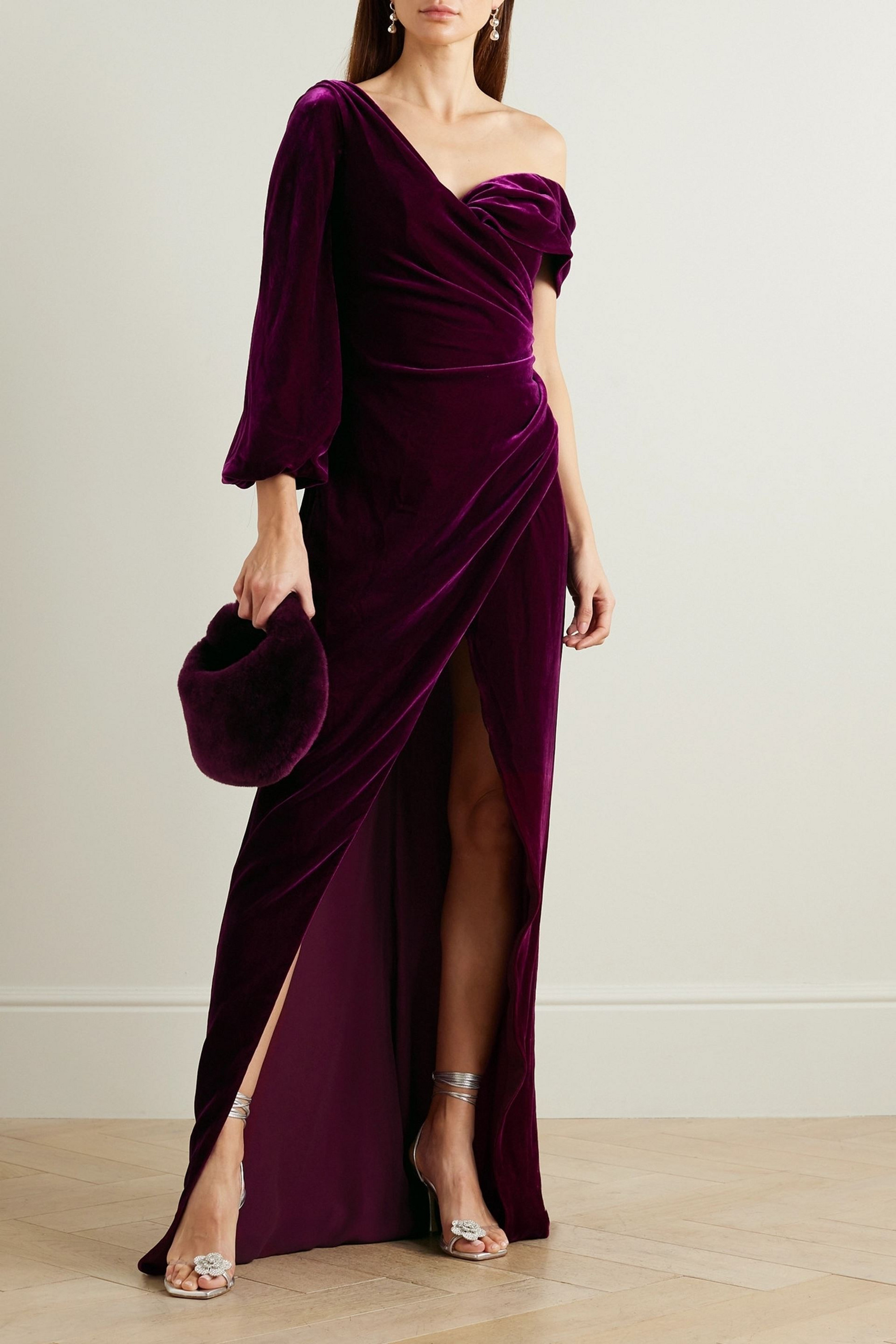Costarellos One-shoulder draped velvet gown